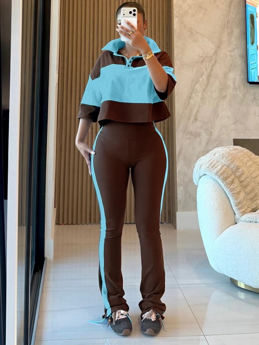 Cropped Polo & Track Pants Set - Brown with Light Blue Trim